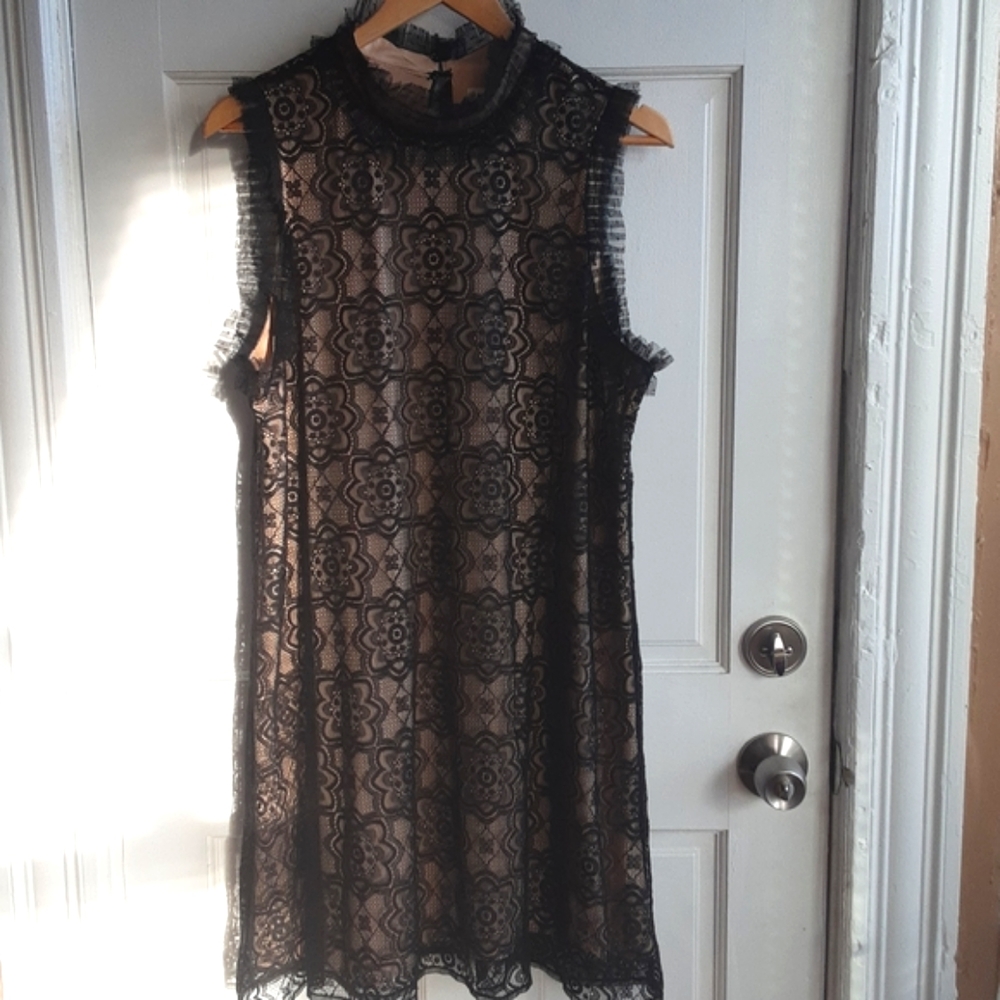 Max Studio Black Lace Shift Sheath Dress Tunic, beige lining, one size fits many